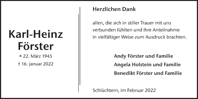  Traueranzeige für Karl-Heinz Förster vom 19.02.2022 aus FZ