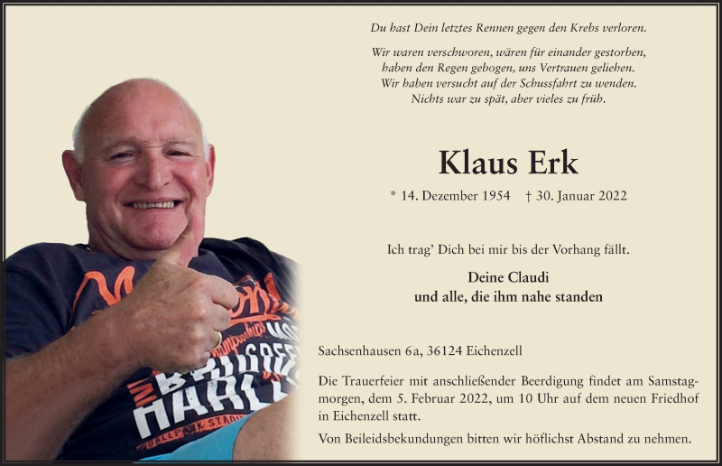  Traueranzeige für Klaus Erk vom 02.02.2022 aus FZ