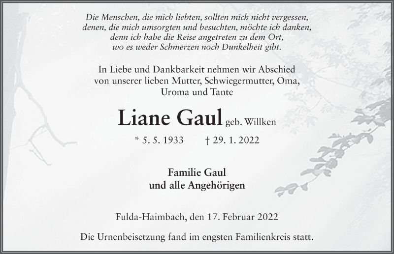  Traueranzeige für Liane Gaul vom 17.02.2022 aus FZ
