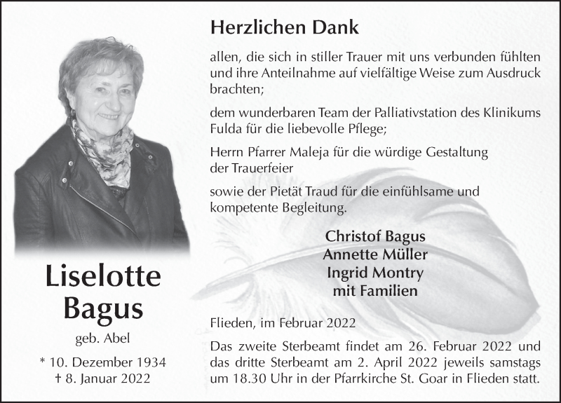  Traueranzeige für Liselotte Bagus vom 19.02.2022 aus FZ