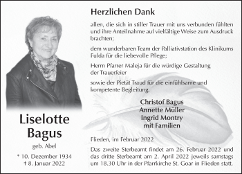 Traueranzeige von Liselotte Bagus von FZ