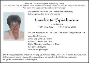 Traueranzeige von Liselotte Spielmann von FZ