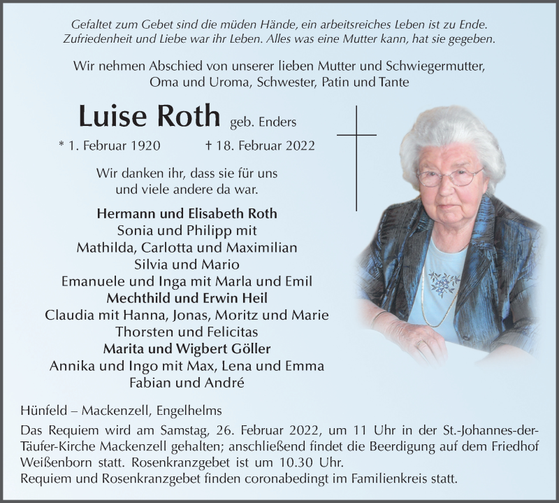  Traueranzeige für Luise Roth vom 23.02.2022 aus FZ