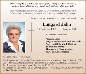 Traueranzeige von Luitgard Jahn von FZ