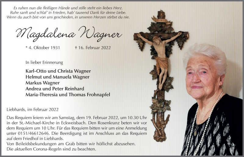  Traueranzeige für Magdalena Wagner vom 18.02.2022 aus FZ