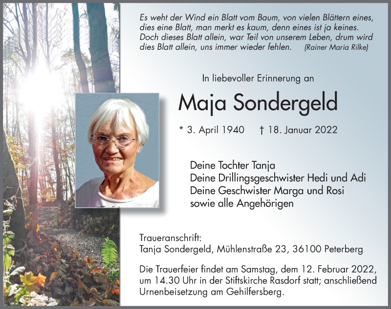  Traueranzeige für Maja Sondergeld vom 08.02.2022 aus FZ