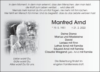 Traueranzeige von Manfred Arnd von FZ