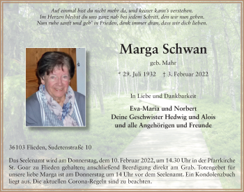 Traueranzeige von Marga Schwan von FZ