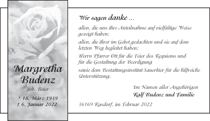  Traueranzeige für Margretha Budenz vom 05.02.2022 aus FZ