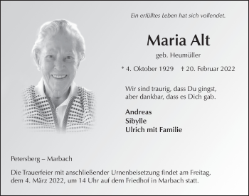 Traueranzeige von Maria Alt von FZ