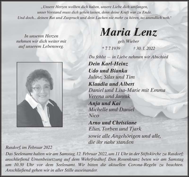  Traueranzeige für Maria Lenz vom 10.02.2022 aus FZ