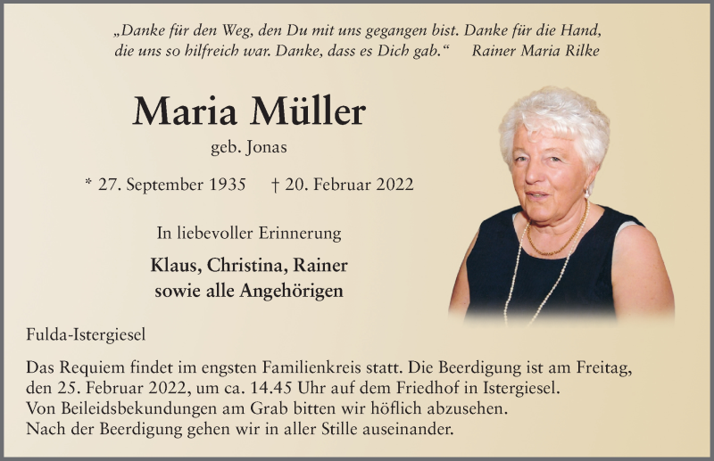  Traueranzeige für Maria Müller vom 23.02.2022 aus FZ