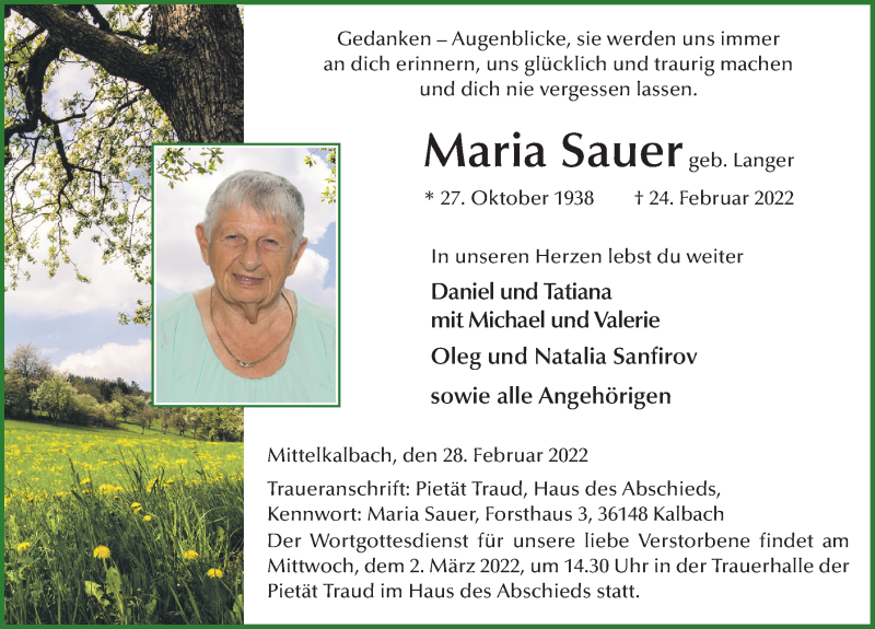  Traueranzeige für Maria Sauer vom 28.02.2022 aus FZ