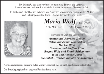 Traueranzeige von Maria Wolf von FZ