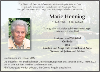 Traueranzeige von Marie Henning von FZ