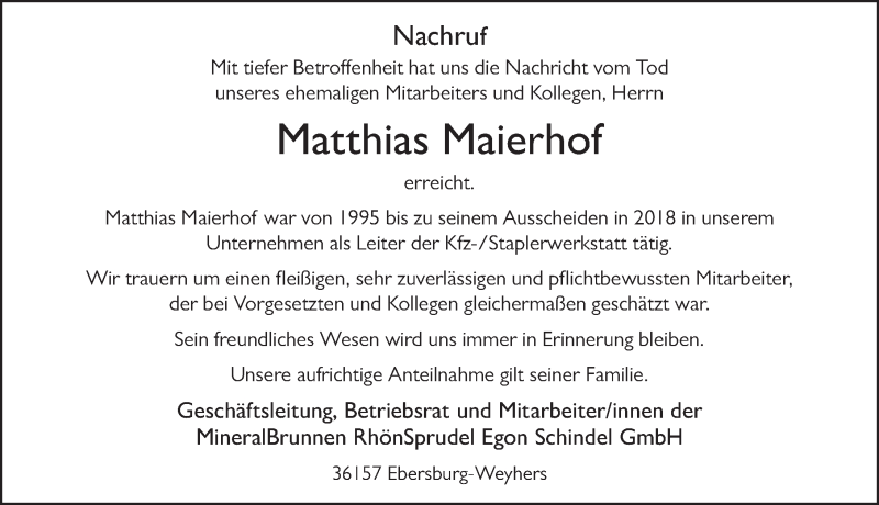  Traueranzeige für Matthias Maierhof vom 12.02.2022 aus FZ