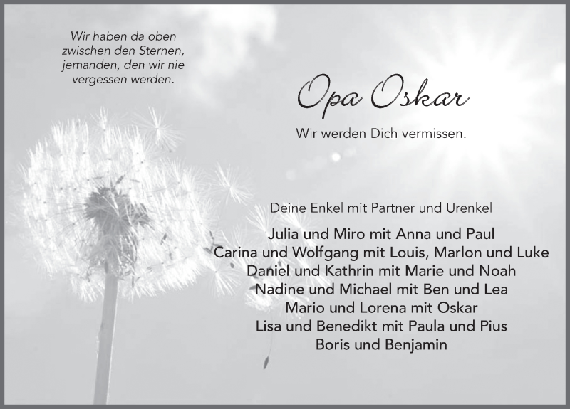  Traueranzeige für Oskar Becker vom 07.02.2022 aus FZ