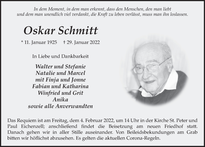  Traueranzeige für Oskar Schmitt vom 02.02.2022 aus FZ