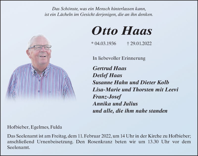  Traueranzeige für Otto Haas vom 08.02.2022 aus FZ