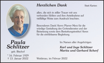 Traueranzeige von Paula Schlitzer von FZ