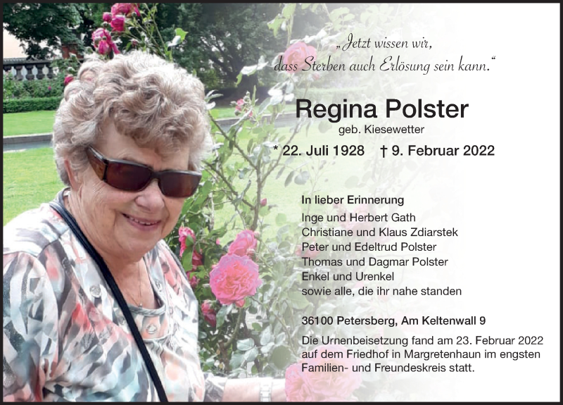  Traueranzeige für Regina Polster vom 26.02.2022 aus FZ