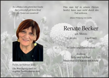 Traueranzeige von Renate Becker von FZ