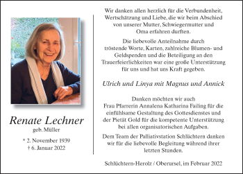Traueranzeige von Renate Lechner von FZ