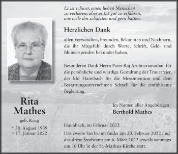 Traueranzeige von Rita Mathes von FZ