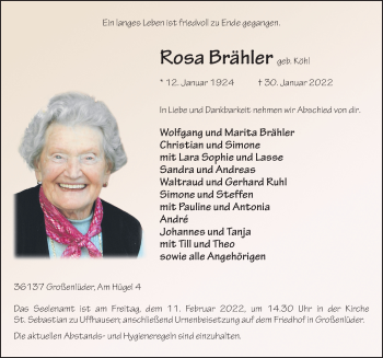Traueranzeige von Rosa Brähler von FZ