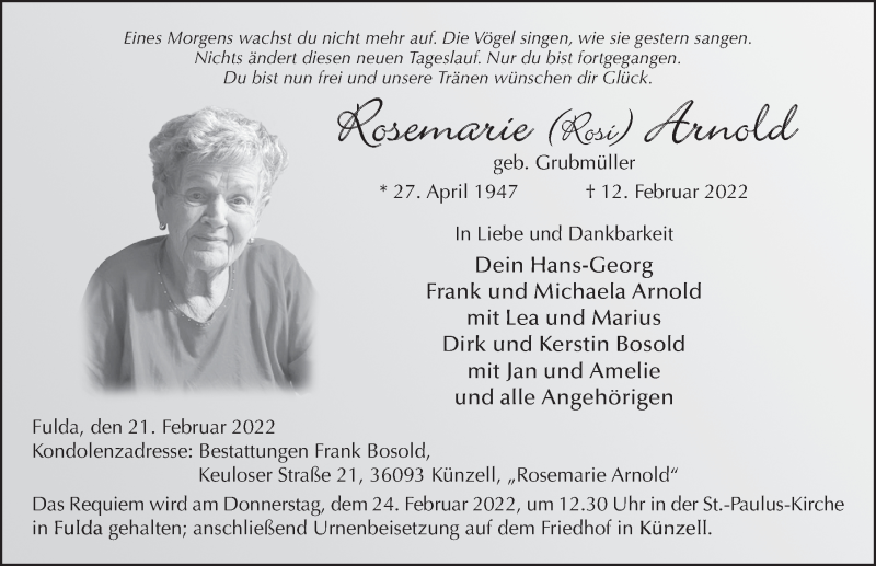  Traueranzeige für Rosemarie Arnold vom 21.02.2022 aus FZ