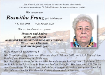 Traueranzeige von Roswitha Franz von FZ