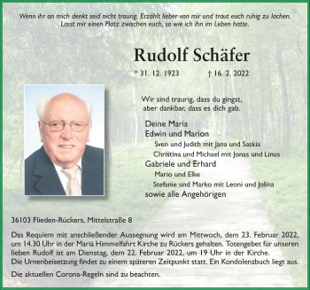 Traueranzeige von Rudolf Schäfer von FZ