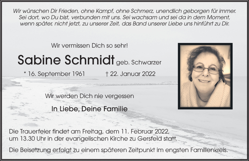  Traueranzeige für Sabine Schmidt vom 08.02.2022 aus FZ