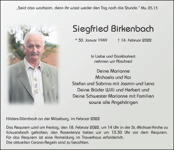 Traueranzeige von Siegfried Birkenbach von FZ