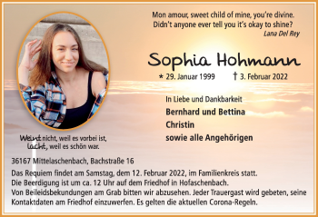 Traueranzeige von Sophia Hohmann von FZ