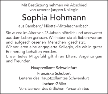 Traueranzeige von Sophia Hohmann von FZ