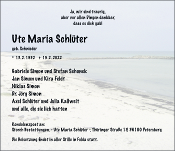 Traueranzeige von Ute Maria Schlüter von FZ