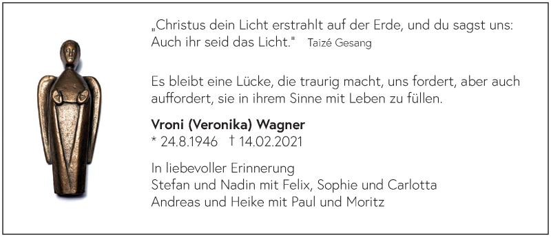  Traueranzeige für Veronika Wagner vom 12.02.2022 aus FZ
