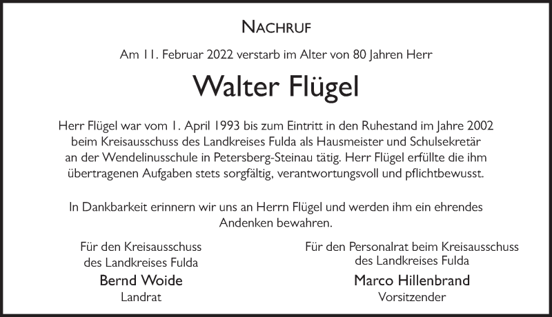  Traueranzeige für Walter Flügel vom 18.02.2022 aus FZ