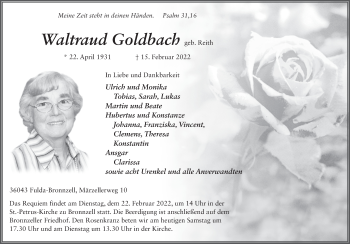 Traueranzeige von Waltraud Goldbach von FZ