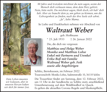 Traueranzeige von Waltraut Weber von FZ
