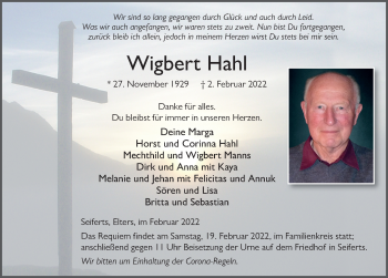 Traueranzeige von Wigbert Hahl von FZ