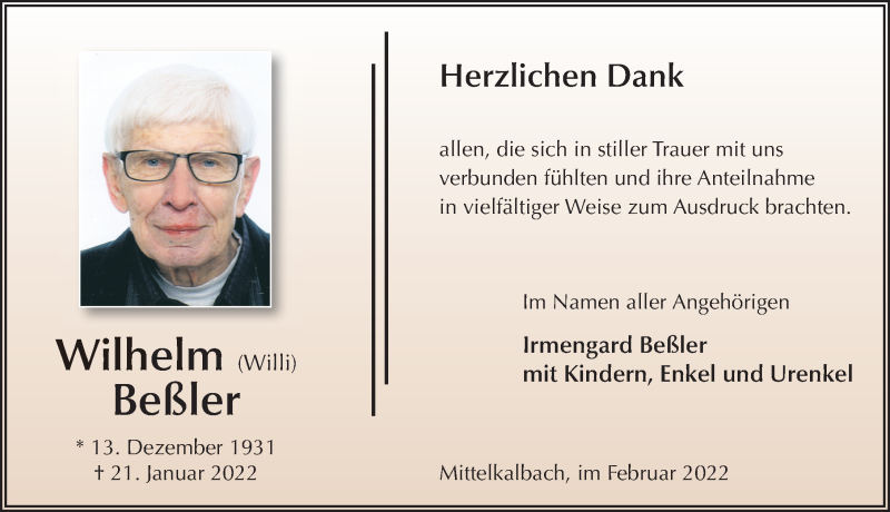  Traueranzeige für Wilhelm Beßler vom 25.02.2022 aus FZ