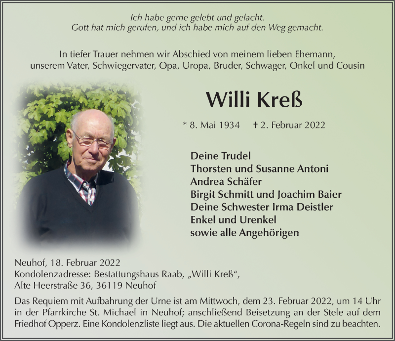  Traueranzeige für Willi Kreß vom 18.02.2022 aus FZ