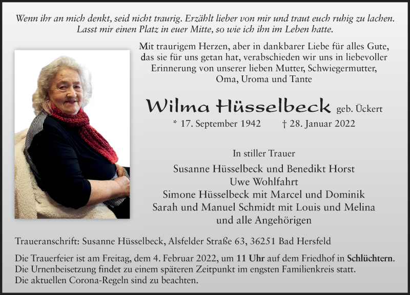  Traueranzeige für Wilma Hüsselbeck vom 02.02.2022 aus FZ