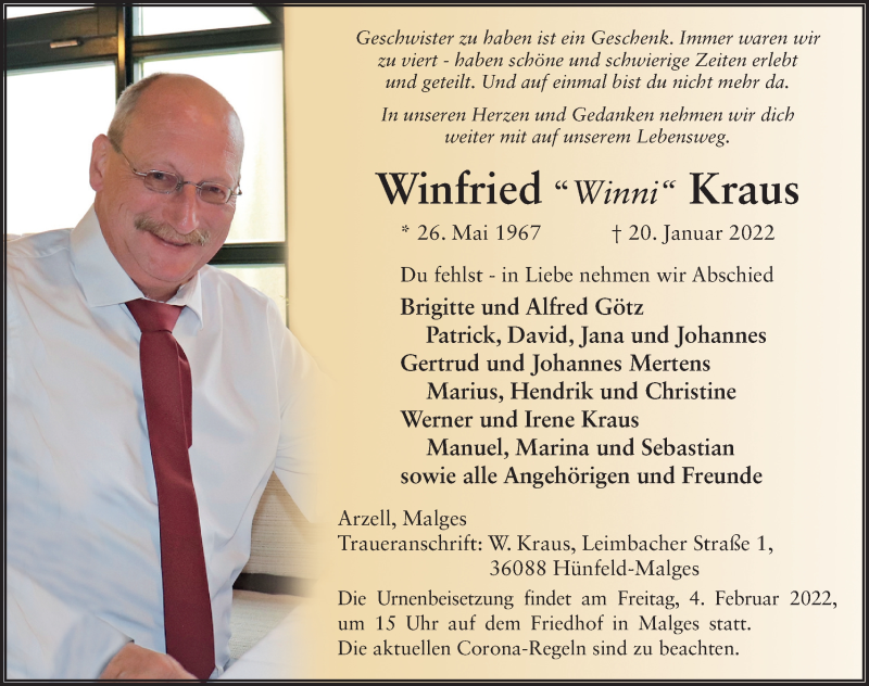  Traueranzeige für Winfried Kraus vom 01.02.2022 aus FZ