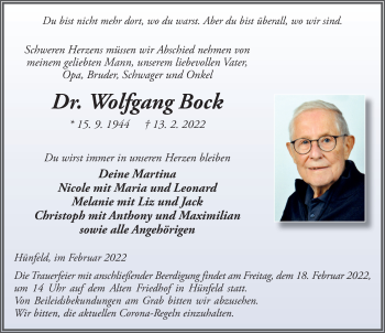 Traueranzeige von Wolfgang Bock von FZ