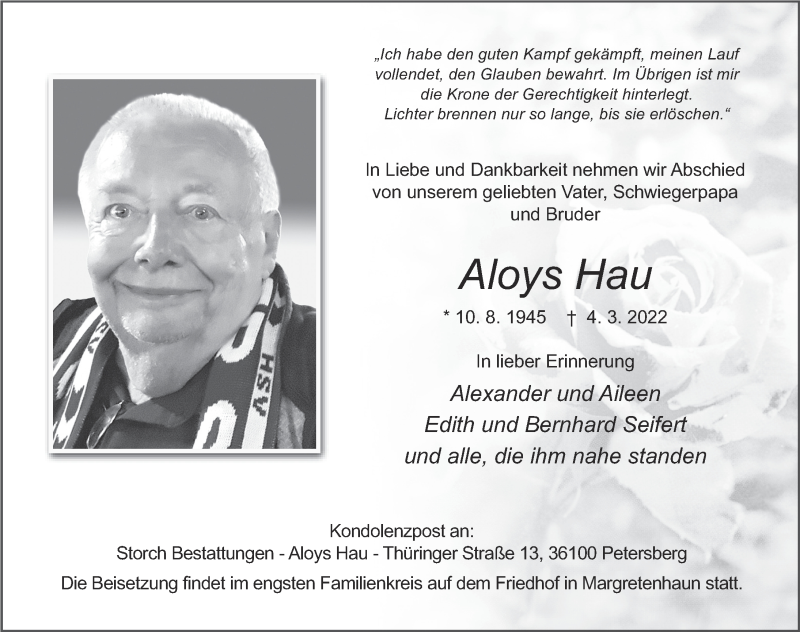  Traueranzeige für Aloys Hau vom 11.03.2022 aus FZ