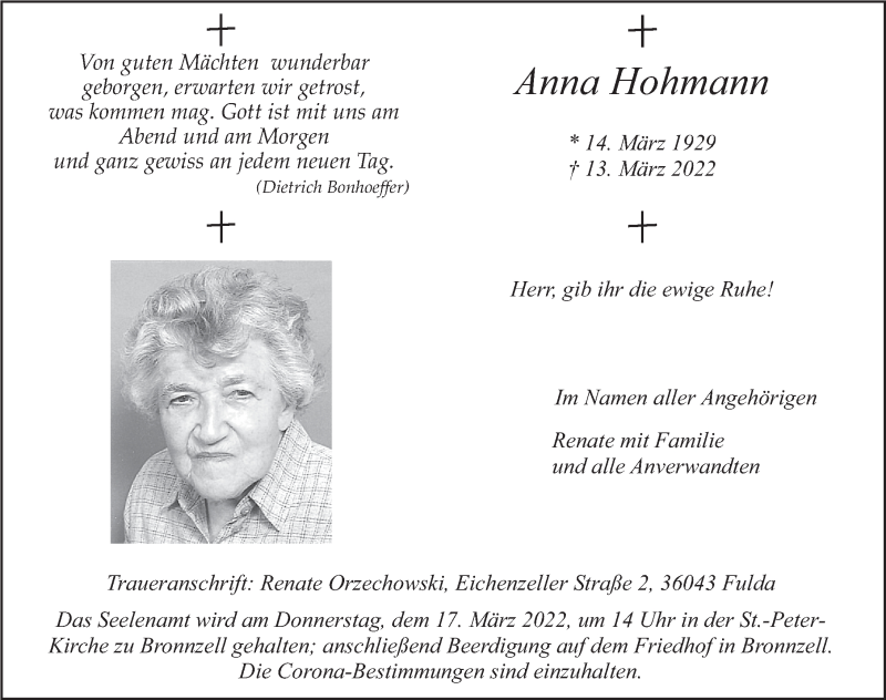 Traueranzeige für Anna Hohmann vom 16.03.2022 aus FZ