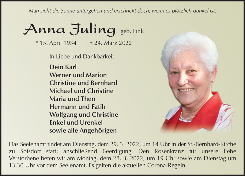  Traueranzeige für Anna Juling vom 26.03.2022 aus FZ